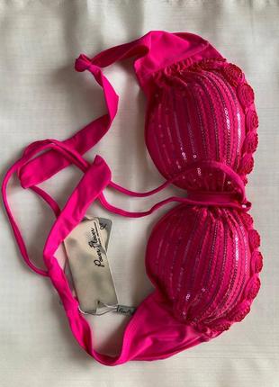 👙👩🏻 купальник бандо з бретеллю через шию рожевого та чорного кольору power flower