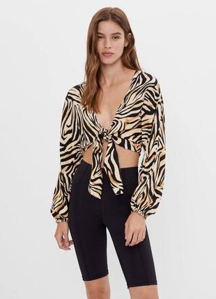 Шикарна блуза з вузлом в тигровий принт, укорочений топ з довгим рукавом, блуза топ