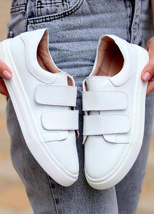 14578 новинка! білосніжні кеди на липучках-натуральна шкіра