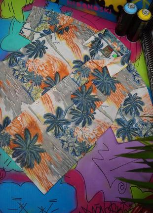 Гавайка в дрібну сіточку тропічний принт, пальми, острів, захід сонця