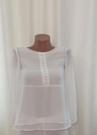 Двоярусна біла шифонова блуза з довгими рукавами1 фото