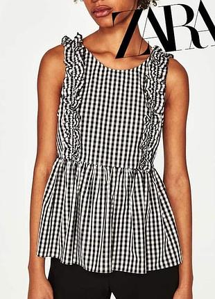 Натуральний топ zara клітинка віші рюш оборки бавовна коттоновая картата блуза блузка мацка