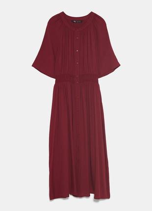 Сукня халат zara приталене міді бордове марсала коротким рукавом на гудзиках літній8 фото