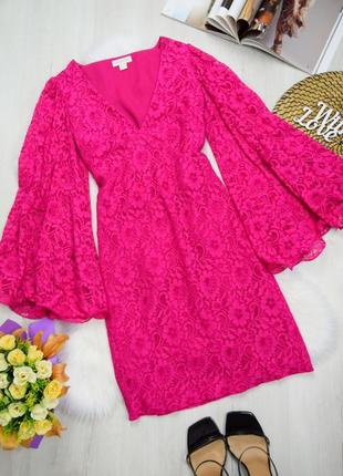 Ажурне плаття фуксія яскраве мереживна сукня рожеве рукава кльош1 фото