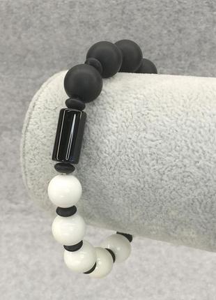 Браслет білий і чорний агат кахолонг шунгіт інь янь