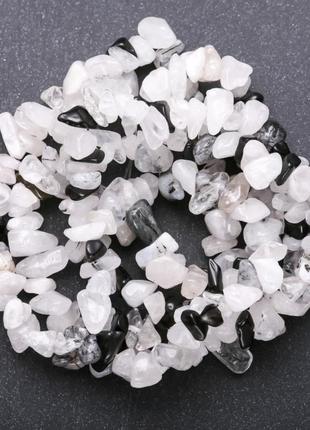 Намистини натуральний камінь рутиловий кварц "волосатик", кварц білий, чорний агат на нитці крихта1 фото