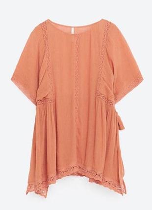 Блуза, топ з прошвой zara / s / колір карамель рожева