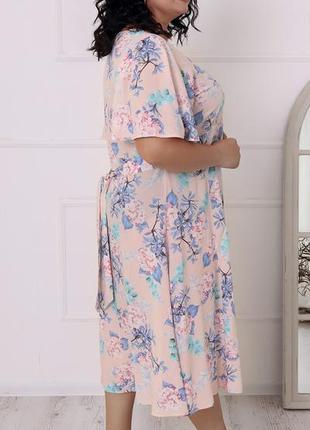 Батальное женское летнее платье из натуральной ткани штапель, розовое с узором 48-583 фото