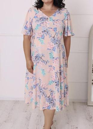 Батальное женское летнее платье из натуральной ткани штапель, розовое с узором 48-582 фото