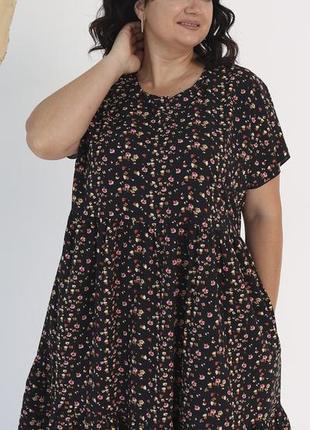 Черное летнее цветочное платье больших размеров с карманами, длины миди 48-50, 52-543 фото