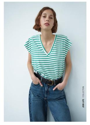 Zara топ, футболка в полоску с v-образным вырезом, тельняжка1 фото