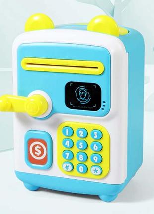 Копилка-сейф синяя з кодовим замком face recognition money box , электронная детская копилка