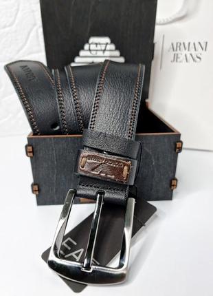 Ремень мужской кожаный пояс черный в стиле armani