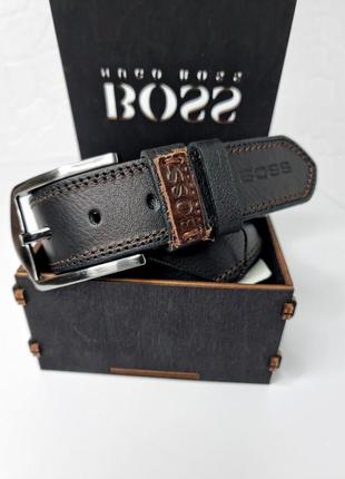 Ремень мужской кожаный пояс черный в стиле boss
