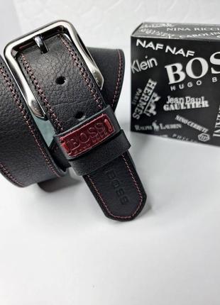 Ремінь чоловічий шкіряний пояс чорний в стилі boss