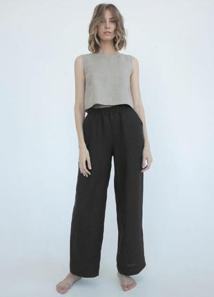 Черные кэжуал летние прямые, льняные брюки1 фото