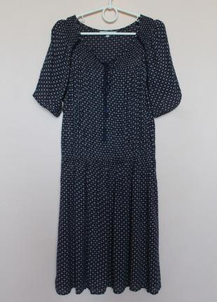 Тёмно синее в белые цветочки натуральное лёгкое платье миди, платьице, сукня 50-52 р.