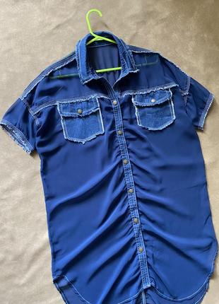 Шифоновая блузка рубашка комбинированная с джинсовой тканью3 фото