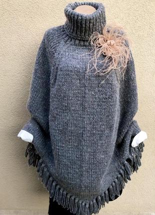 Вінтаж,шерсть,пончо,гольф пончо,накидка светр з бахромою,етно стиль бохо