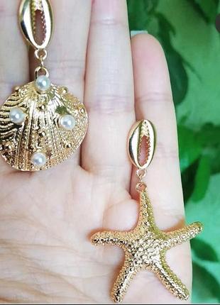 Серьги морские ракушки каури серьги золото