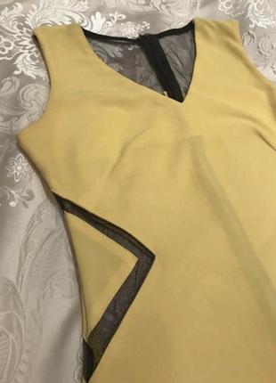 Летнее желтое бандажное платье футляр, со вставками из чёрной сетки2 фото