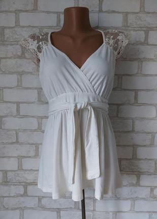 Блузка белая на запах с поясом верх кружево