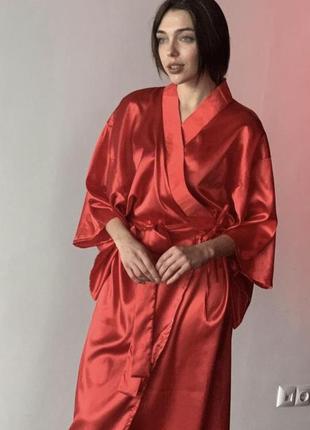 Красный кимоно платье-халат атлас3 фото