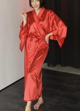 Червоний кімоно плаття-халат атлас1 фото