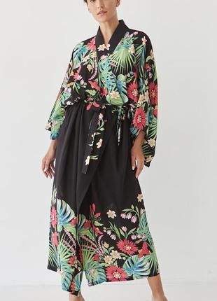 Яркий кимоно цветы на черном купон платье-халат вискоза2 фото