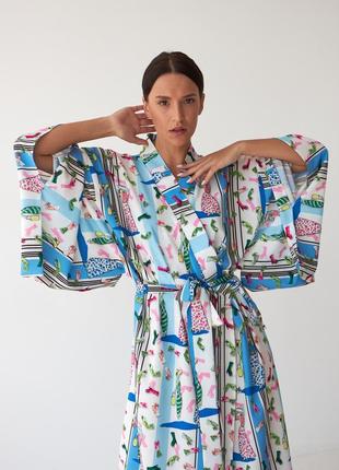 Кимоно бело-голубой платье-халат  весёлый принт софт