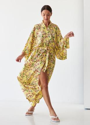 Кимоно желтый атлас платье - халат цветущие ветки6 фото