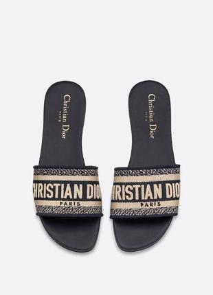 Шлепанцы женские кожаные тканевые брендовые синие в стиле диор dior