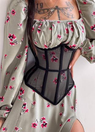 Сукня міді з розрізом в квітковий принт + прозорий корсет2 фото