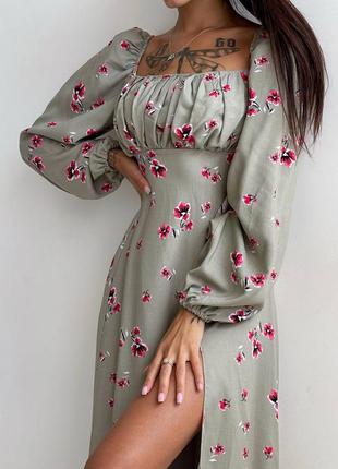 Сукня міді з розрізом в квітковий принт + прозорий корсет9 фото
