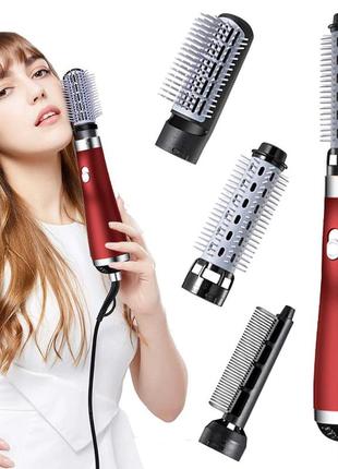 Фен електричний іонний 3 в 1 hair drye гребінець для волосся з функціями об'ємний випрямляч червоний