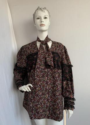 Блуза бохо з бантом чокером в дрібну квіточку з мереживом романтична5 фото
