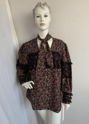 Блуза бохо з бантом чокером в дрібну квіточку з мереживом романтична6 фото