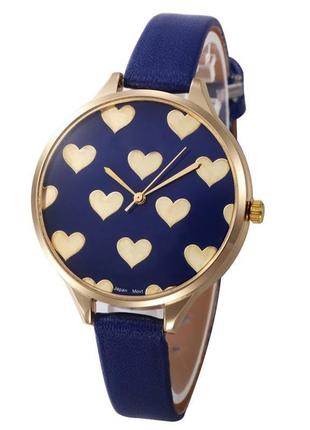 Уцінка годинники наручні жіночі сині золотисті на тонкому ремінці годинник серце