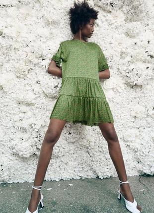 Zara зелёное невесомое платье жатка м3 фото