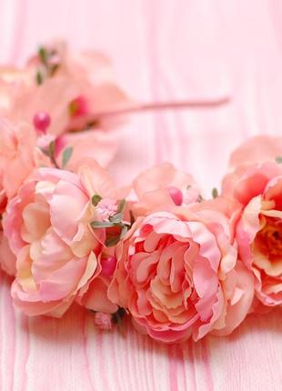 Об*ємний обруч обідок з квітами персиково-рожевий