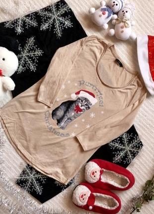 Футболка лонгслів кофта з котом/ котиком новорічна зимова різдвяна