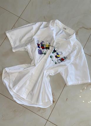Винтажная белая рубашка,вышивка,короткий рукав