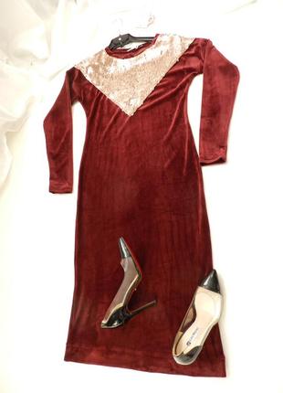 Красиве сукня миди з паєтками в наявності бордо-марсала оксамит без утеплювача з двосторонніми паєтк2 фото