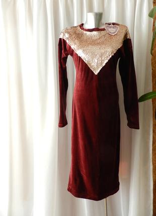 Красиве сукня миди з паєтками в наявності бордо-марсала оксамит без утеплювача з двосторонніми паєтк4 фото