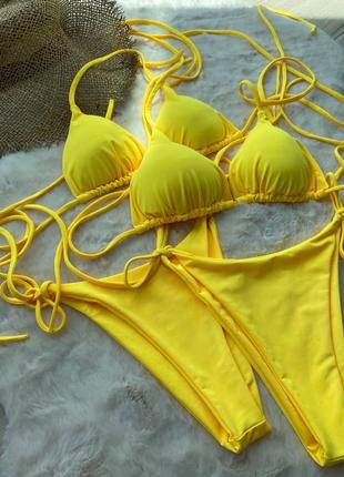 Желтый купальник бикини с завязками6 фото