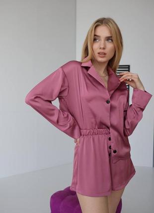 Стильна жіноча піжама піжамка літня шорти сорочка летняя нарядная пижама пижамка женская шорты рубашка шёлк армани шовк армани рожева