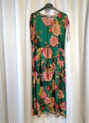 Довга сукня з натуральної дихаючої тканини штапель з двома кишеньками і куліскою на талії розміри 2x