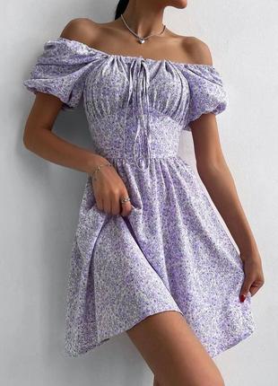 Жіноча літня сукня плаття з відкритими плечами імітація корсету в квітковий принт софт гарне красиве ніжне святкове миле лавандове1 фото