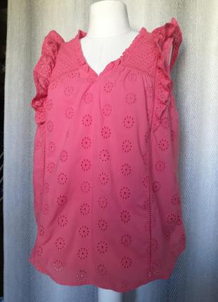 100% коттон женская коралловая летняя натуральная блуза, блузка, майка, прошивка, вышивка.3 фото