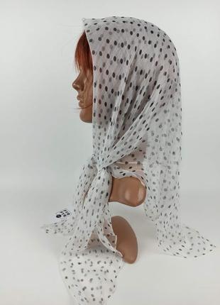 Тончайший шелковый газовый платок хустка 100% шелк на голову шею новый белый в горошек